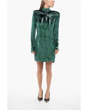 Balmain Long Sleeved Devore-Velvet Dress - Green