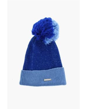 DSquared² Wool Blend Beanie With Pon Pom - Blue
