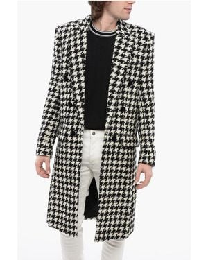 Balmain Houndstooth Patterned Tweed Coat With Velour Buttons - White