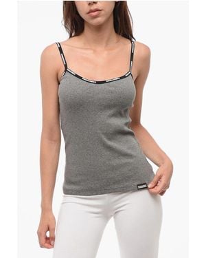 DSquared² Ribbed Cotton Blend Tank Top With Logoed Hem - Grey