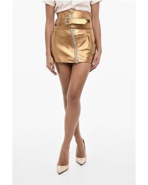 DSquared² High Waist Metallic Leather Mini Skirt With Belt - Natural