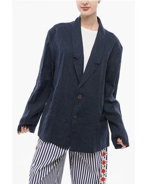 Handred Single Breasted Linen Blazer With Patch Pockets - Blue