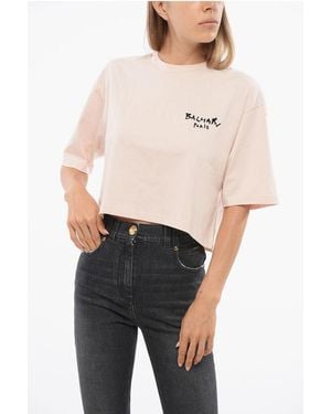 Balmain Solid Colour Cropped T-Shirt With Flocked Logo - Multicolour