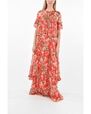 Philipp Plein Couture Est.1978 Silk Maxi Dress With Floral Print And Ruffl - Red