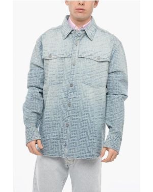 Balmain Denim Shirt With All Over Logoed Pattern - Blue