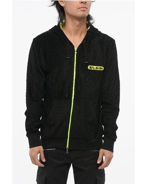 Balmain Velvet Sweatshirt With All-Over Monogram And Fluo Details - Black
