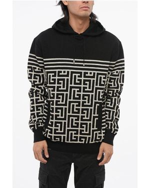 Balmain Hooded Wool Blend Jumper With All-Over Monogram - Black