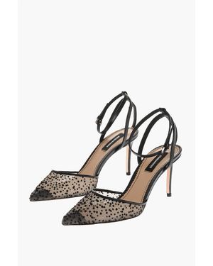 DSquared² Leather Ankle Strap Court Shoes With Glitter Mesh Detail Heel 7Cm - Black
