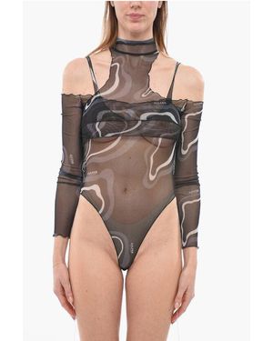 Julfer See-Through Cold Shoulder Bodysuit - Brown