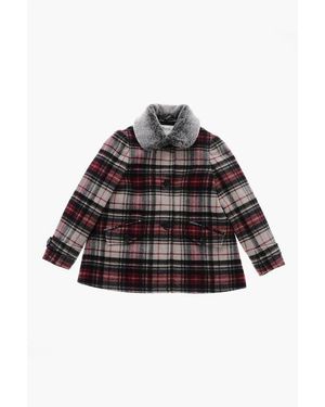 Bonpoint Plaid Motif Wool Blend Gigliola Coat With Faux Fur Detail - Black