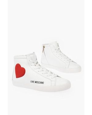 Moschino Love Leather High Top Trainers With Velvet Heart And Side Zi - White