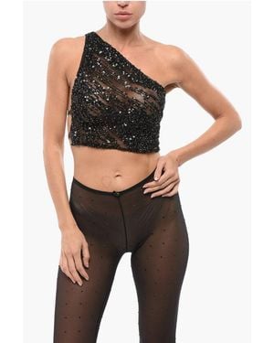 DSquared² One-Shoulder Sequined Crop Top With Straps - Black