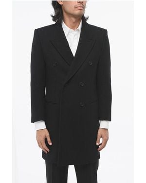 Saint Laurent Wool Peak Lapel Double-Breasted Coat - Black