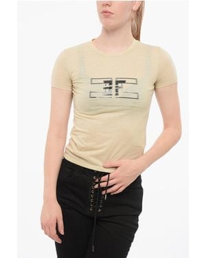 Elisabetta Franchi Crew Neck Cotton T-Shirt With Printed Logo - Natural