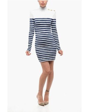 Balmain Two-Tone Striped Bodycon Mini Dress With Golden Hearts - Blue