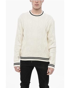 Palm Angels Cotton-Blend Cable Knit Crewneck Jumper Curved Logo - White