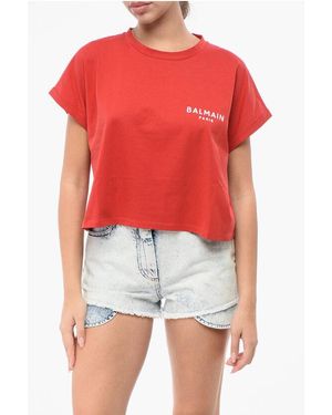 Balmain Cropped Fit T-Shirt With Flocked Logo - Red