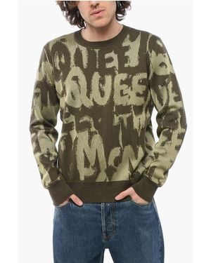 McQueen Crew Neck Wool Blend Jumper With All-Over Jacquard Logo - Green