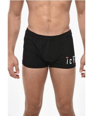DSquared² Icon Stretch Cotton Boxer With Printed Logo And Embossed Hea - Black