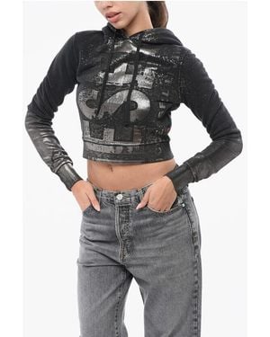 DIESEL Cropped Fit F-Slimmy-P6 Hoodie With Metallic Effect Print - Black