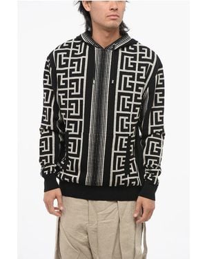 Balmain Hooded Wool Blend Jumper With All-Over Monogram - Black
