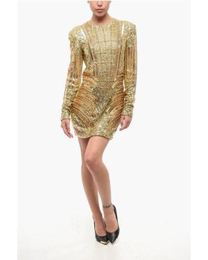 Balmain Golden Effect Mini Dress With Sequins And Beads - Yellow