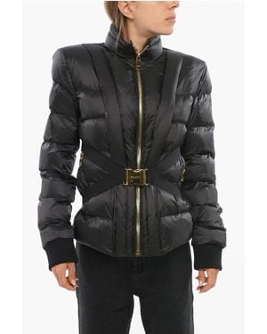 Balmain Quilted Down Jacket With Golden Buckle Technical Belt - Black