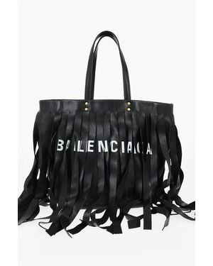 Balenciaga Leather Laundry Cabas Tote Bag With Fringes - Black