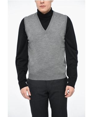 Corneliani V Neck Jacquard Virgin Wool Vest - Grey