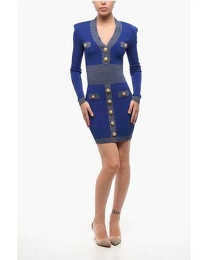 Balmain Ribbed Bodycon Mini Dress With Golden Buttons And Lurex Deta - Blue