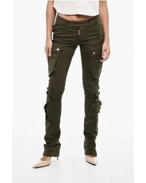 DSquared² Regular Waist Cotton Twill Cargo Trousers With Floral Applicati - Black