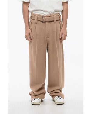 Jil Sander Pleated Belted Wool Trousers - Natural