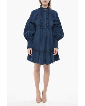 Valentino Ruffle-Front Cotton Shirt Dress With Puff Sleeves - Blue