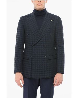 Corneliani Houndstooth Motif Linen Blend Double Breasted Blazer - Blue