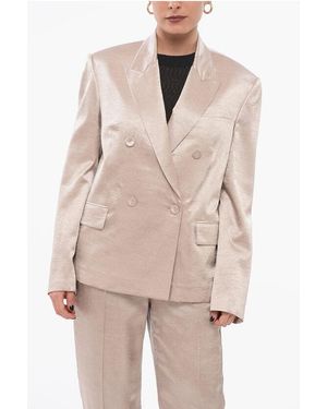 Krizia Crumpled Effect Satin Double Breasted Blazer - Natural