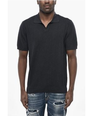 Altea Linen And Cotton Polo With Open Collar And Chevron Pattern - Black