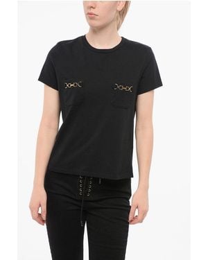 Elisabetta Franchi Crew Neck Cotton T-Shirt With Jewel Breast-Pockets - Black