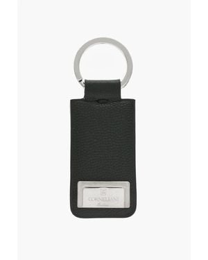 Corneliani Saffiano Leather Keyring With-Tone Logo Plaque - Black