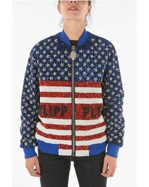 Philipp Plein Couture All-Over Sequine And Crystal America Bomber Jacket - Blue