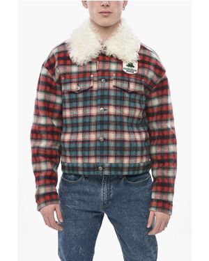 DSquared² Checked Wool-Blend Jacket Canadian Jean With Fur Collar - Blue