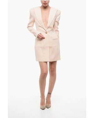 Balmain Wool Blazer Dress With Golden Button - Natural
