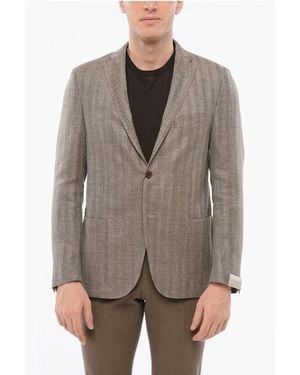 Corneliani Herringbone Motif Linen Blend Gate Single Breasted Blazer - Brown