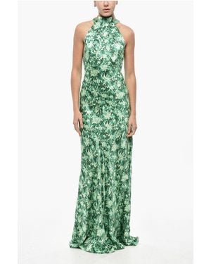 Saloni Halter Neck Michelle Silk Dress With Plant Motif - Green