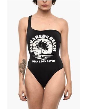 DSquared² One Shoulder Maxi Frontal Printed One Piece Swimsuit - Black