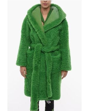 Bottega Veneta Lamb Fur Wrap Coat With Hood - Green