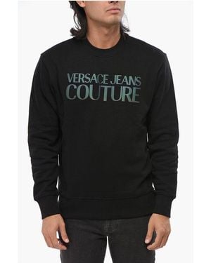 Versace Jeans Couture Fleeced Cotton Crew-Neck Sweatshirt With Iride - Black