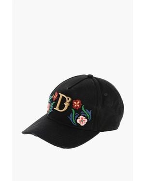 DSquared² Embroidered Flower Power Cap With Golden Metal Monogram - Black