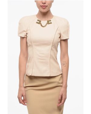 Elisabetta Franchi Eco-Leather Slim Fit Top With Jewel Detail - Natural