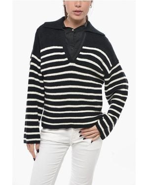 Rag & Bone Awning-Striped Cotton-Blend Polo-Collar Top - Blue