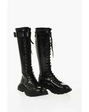 McQueen Brushed Leather Under The Knee Combat Boots - Black